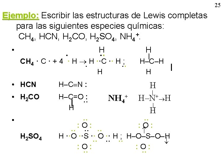 25 Ejemplo: Escribir las estructuras de Lewis completas para las siguientes especies químicas: CH