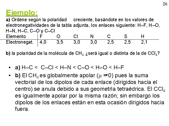 26 Ejemplo: a) Ordene según la polaridad creciente, basándote en los valores de electronegatividades