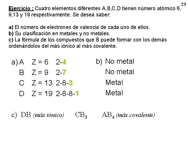 29 Ejercicio : Cuatro elementos diferentes A, B, C, D tienen número atómico 6,