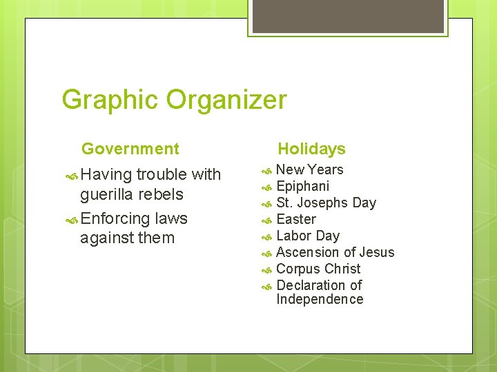 Graphic Organizer Government Having trouble with guerilla rebels Enforcing laws against them Holidays New