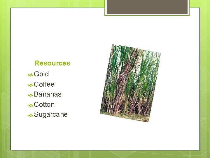 Resources Gold Coffee Bananas Cotton Sugarcane 