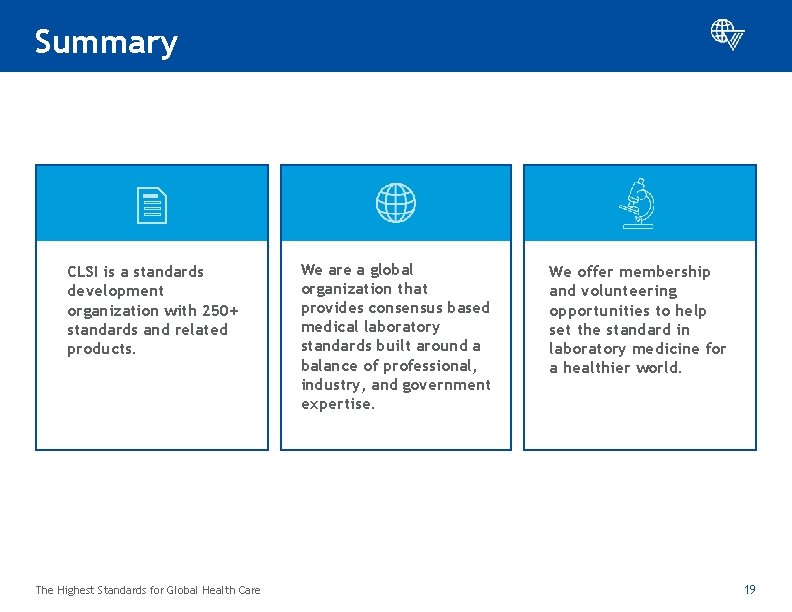 Summary CLSI is a standards development organization with 250+ standards and related products. The