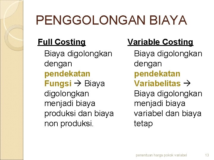 PENGGOLONGAN BIAYA Full Costing Biaya digolongkan dengan pendekatan Fungsi Biaya digolongkan menjadi biaya produksi