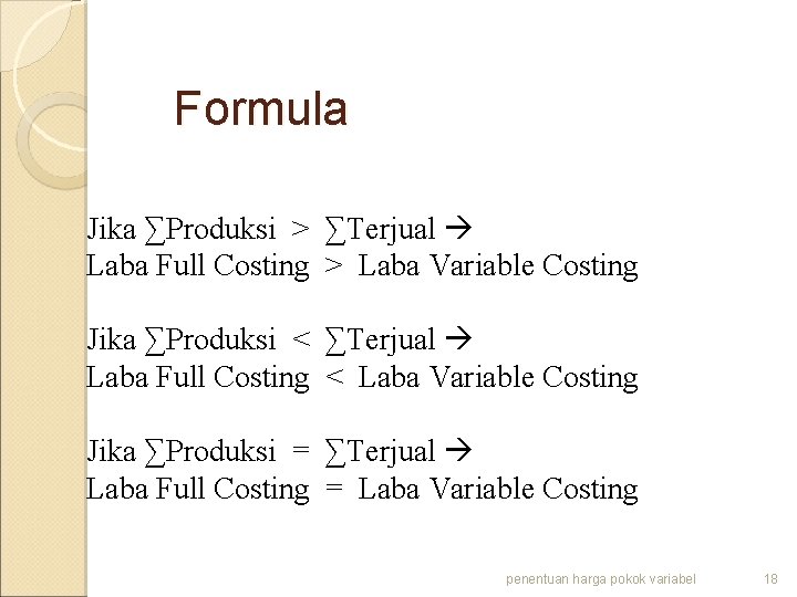 Formula Jika ∑Produksi > ∑Terjual Laba Full Costing > Laba Variable Costing Jika ∑Produksi