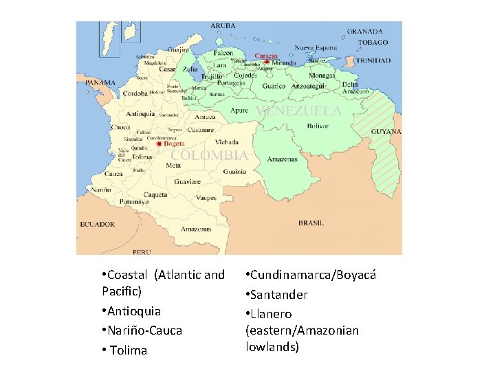  • Coastal (Atlantic and Pacific) • Antioquia • Nariño-Cauca • Tolima • Cundinamarca/Boyacá