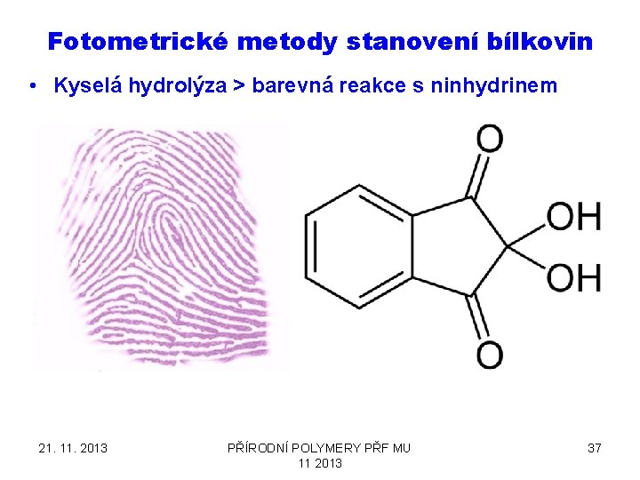 Fotometrické metody stanovení bílkovin • Kyselá hydrolýza > barevná reakce s ninhydrinem 21. 11.