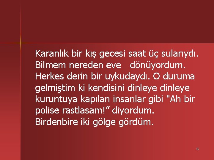 Karanlık bir kış gecesi saat üç sularıydı. Bilmem nereden eve dönüyordum. Herkes derin bir