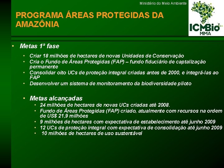 Ministério do Meio Ambiente PROGRAMA ÁREAS PROTEGIDAS DA AMAZÔNIA • Metas 1ª fase •