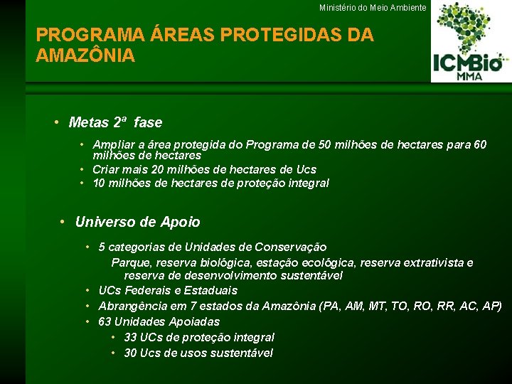 Ministério do Meio Ambiente PROGRAMA ÁREAS PROTEGIDAS DA AMAZÔNIA • Metas 2ª fase •