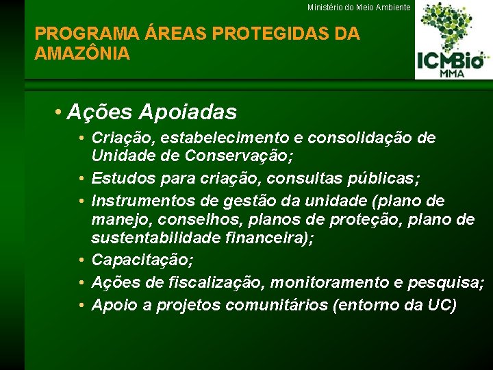 Ministério do Meio Ambiente PROGRAMA ÁREAS PROTEGIDAS DA AMAZÔNIA • Ações Apoiadas • Criação,