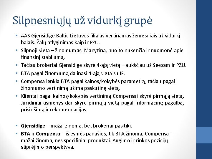 Silpnesniųjų už vidurkį grupė • AAS Gjensidige Baltic Lietuvos filialas vertinamas žemesniais už vidurkį