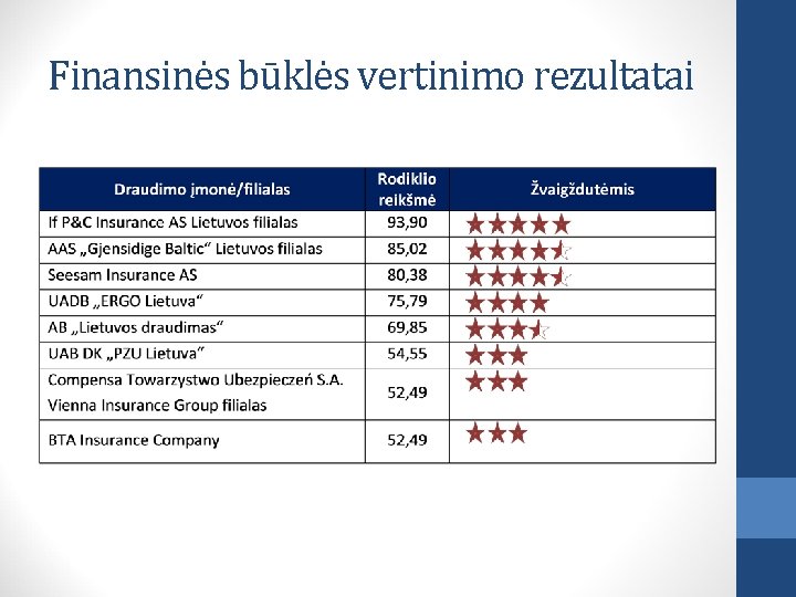 Finansinės būklės vertinimo rezultatai 