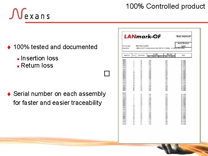 100% Controlled product t 100% tested and documented Insertion loss n Return loss n