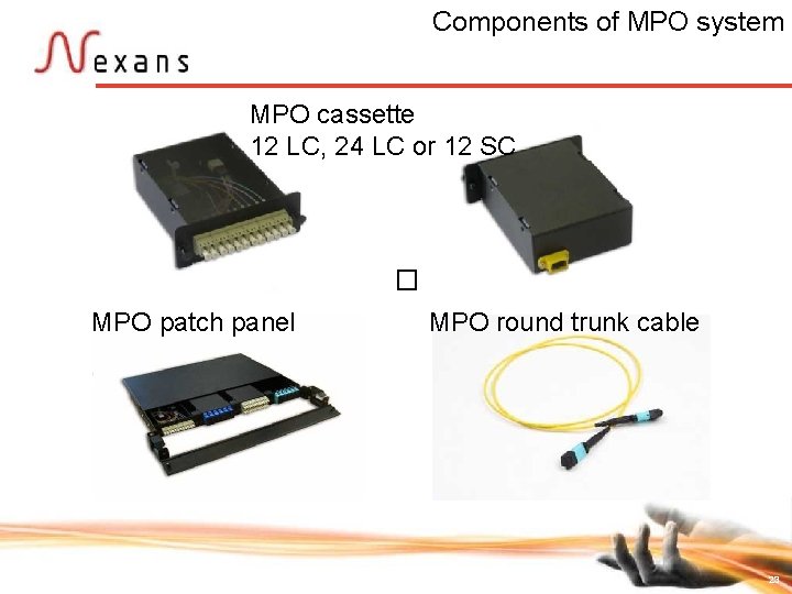 Components of MPO system MPO cassette 12 LC, 24 LC or 12 SC �