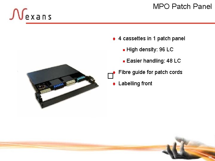 MPO Patch Panel t 4 cassettes in 1 patch panel n High density: 96