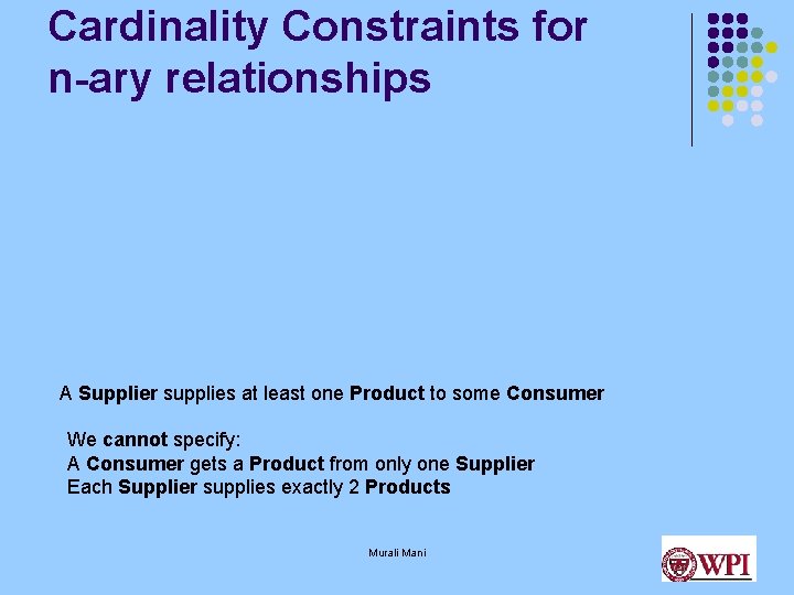 Cardinality Constraints for n-ary relationships A Supplier supplies at least one Product to some