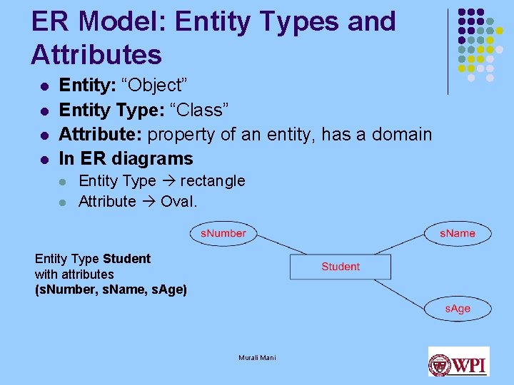 ER Model: Entity Types and Attributes l l Entity: “Object” Entity Type: “Class” Attribute: