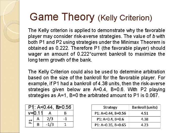 Game Theory (Kelly Criterion) The Kelly criterion is applied to demonstrate why the favorable