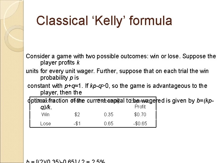 Classical ‘Kelly’ formula Consider a game with two possible outcomes: win or lose. Suppose