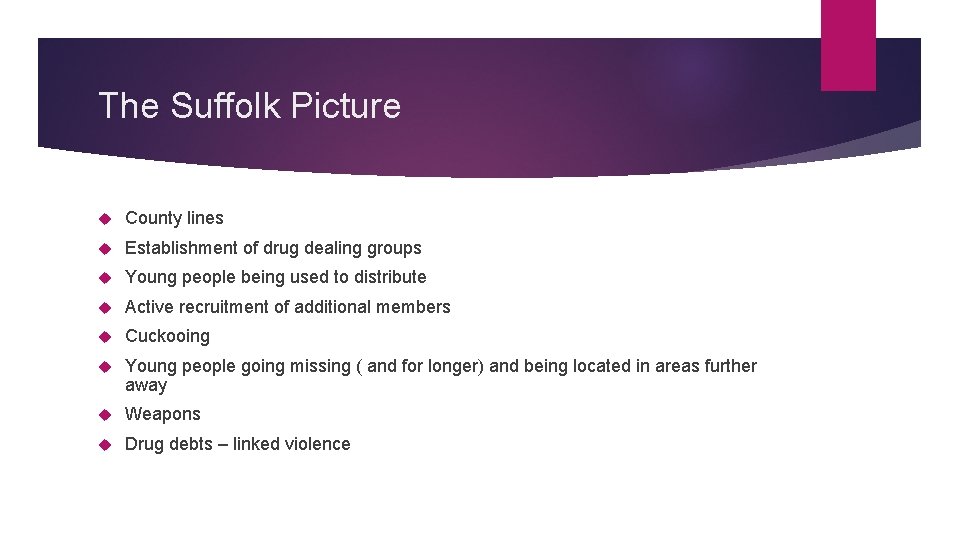 The Suffolk Picture County lines Establishment of drug dealing groups Young people being used