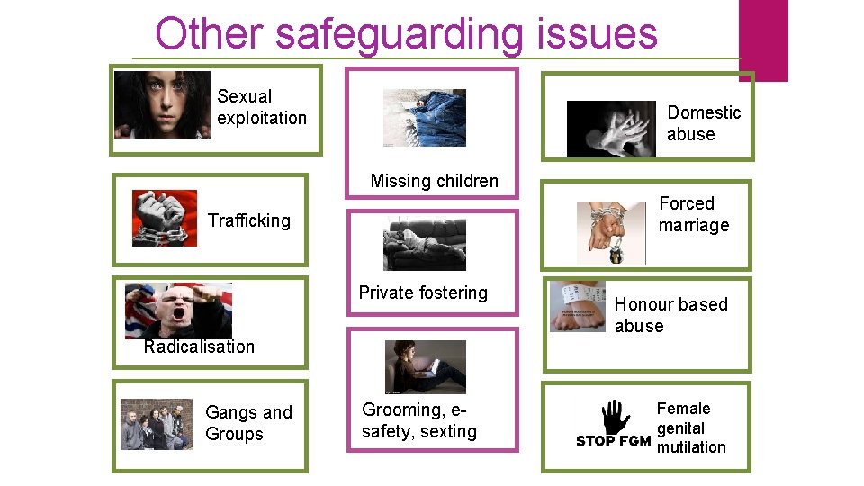 Other safeguarding issues Sexual exploitation Domestic abuse Missing children Forced marriage Trafficking Private fostering