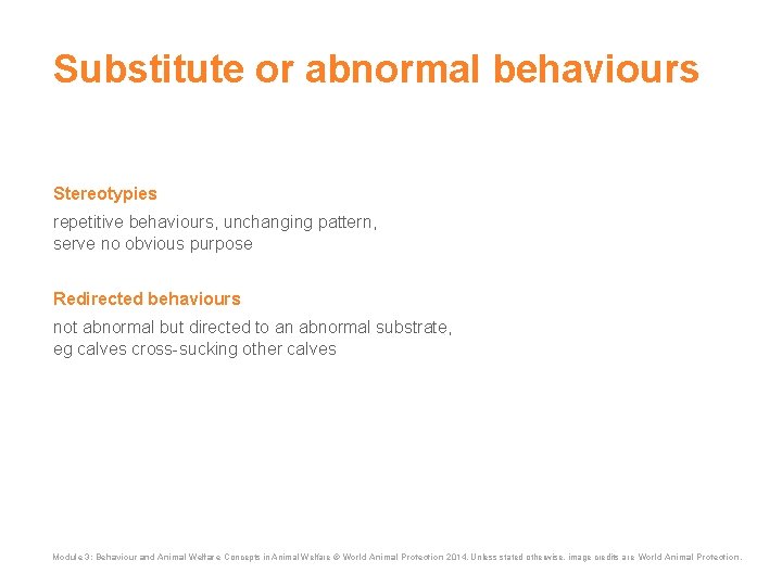 Substitute or abnormal behaviours Stereotypies repetitive behaviours, unchanging pattern, serve no obvious purpose Redirected