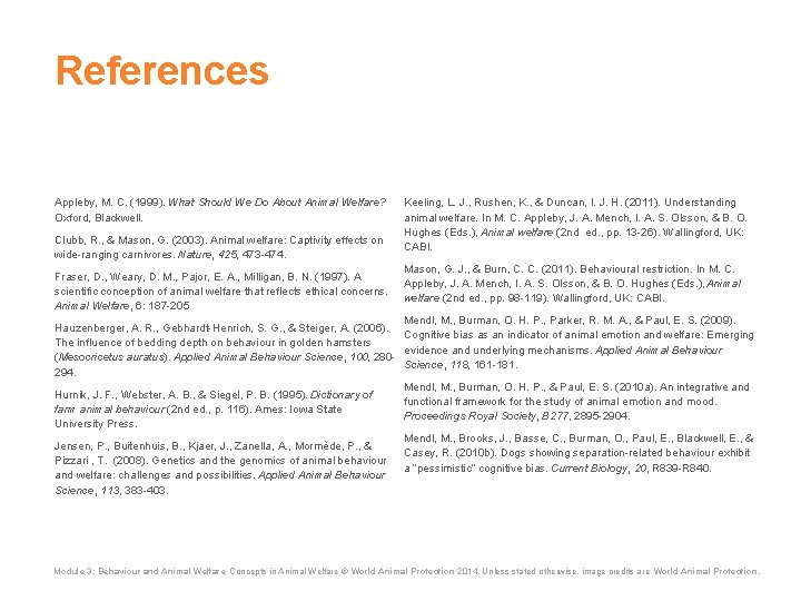 References Appleby, M. C. (1999). What Should We Do About Animal Welfare? Oxford, Blackwell.