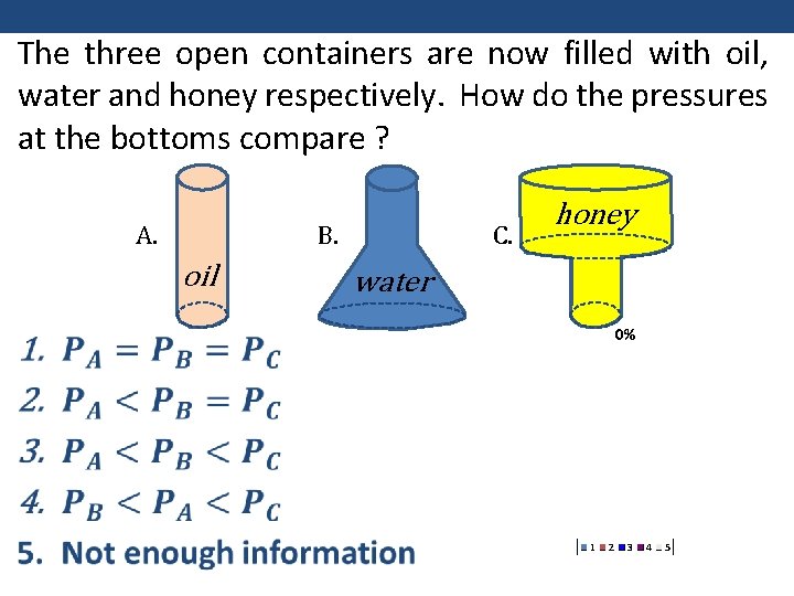 The three open containers are now filled with oil, water and honey respectively. How