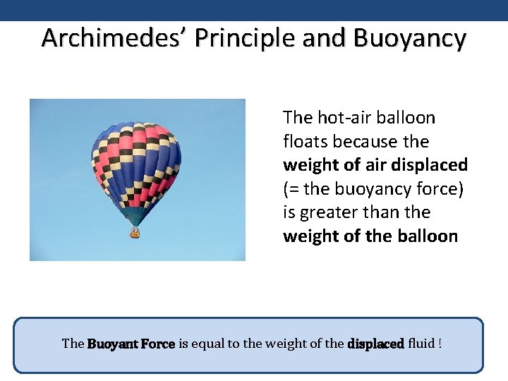 Archimedes’ Principle and Buoyancy The hot-air balloon floats because the weight of air displaced