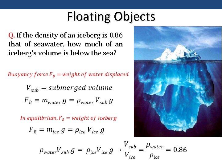 Floating Objects Q. If the density of an iceberg is 0. 86 that of