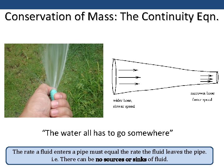 Conservation of Mass: The Continuity Eqn. “The water all has to go somewhere” The