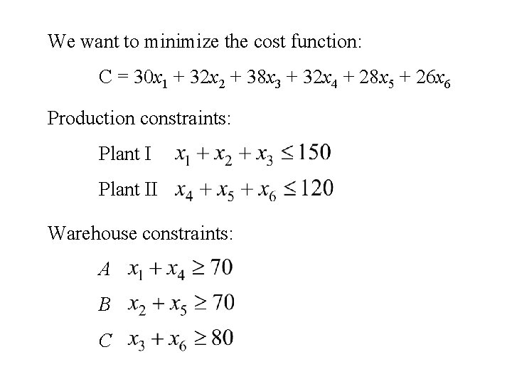 We want to minimize the cost function: C = 30 x 1 + 32