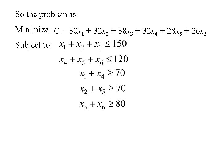 So the problem is: Minimize: C = 30 x 1 + 32 x 2