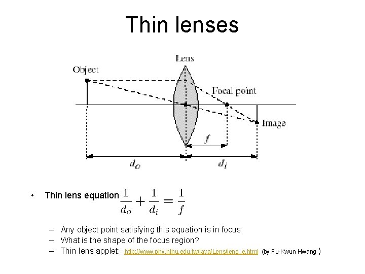 Thin lenses • Thin lens equation: – Any object point satisfying this equation is