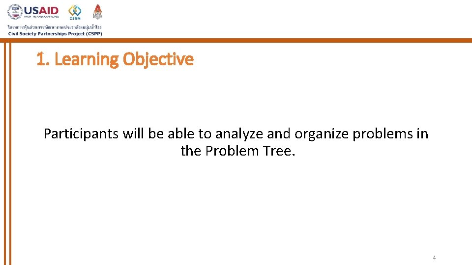 1. Learning Objective Participants will be able to analyze and organize problems in the 1. Learning Objective Participants will be able to analyze and organize problems in the