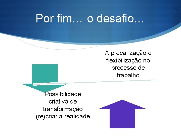 Por fim… o desafio… A precarização e flexibilização no processo de trabalho Possibilidade criativa