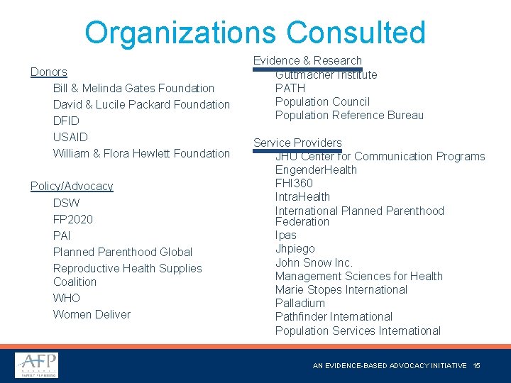 Organizations Consulted Donors Bill & Melinda Gates Foundation David & Lucile Packard Foundation DFID