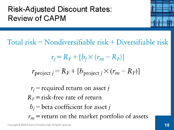 Risk-Adjusted Discount Rates: Review of CAPM Copyright © 2009 Pearson Prentice Hall. All rights