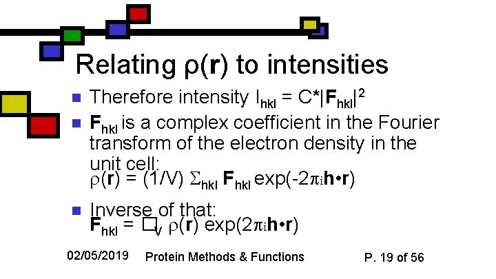 Relating ρ(r) to intensities n n n Therefore intensity Ihkl = C*|Fhkl|2 Fhkl is