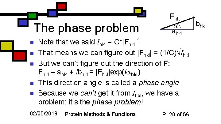 The phase problem n n n Fhkl ahkl Note that we said Ihkl =