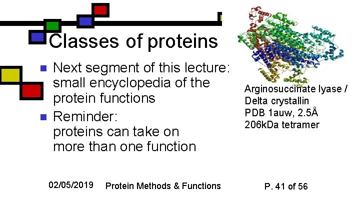 Classes of proteins n n Next segment of this lecture: small encyclopedia of the