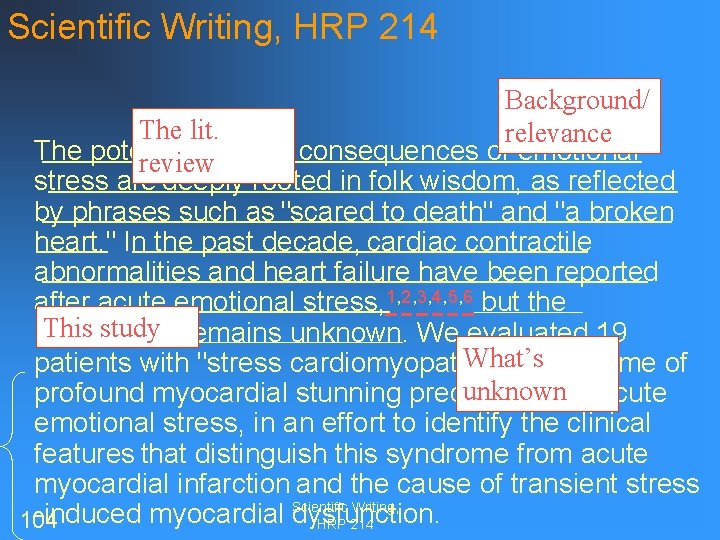 Scientific Writing, HRP 214 Background/ The lit. relevance The potentially lethal consequences of emotional