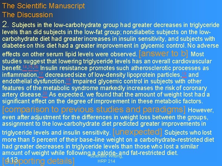 The Scientific Manuscript The Discussion 2. Subjects in the low-carbohydrate group had greater decreases