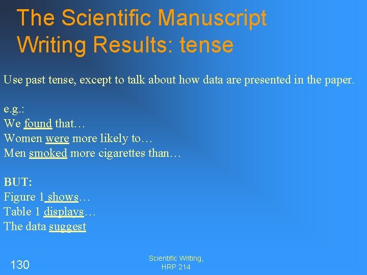 The Scientific Manuscript Writing Results: tense Use past tense, except to talk about how