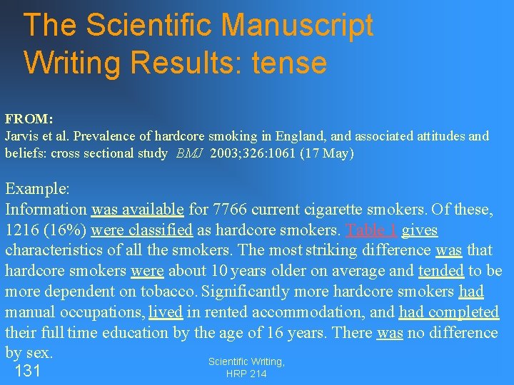 The Scientific Manuscript Writing Results: tense FROM: Jarvis et al. Prevalence of hardcore smoking