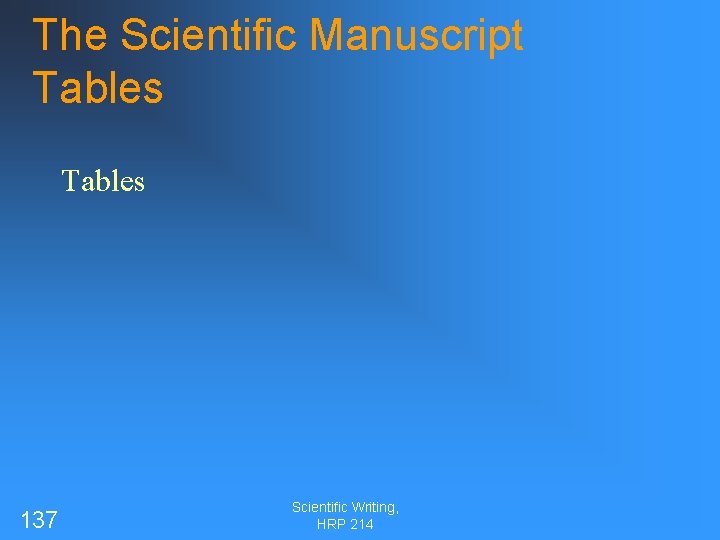 The Scientific Manuscript Tables 137 Scientific Writing, HRP 214 