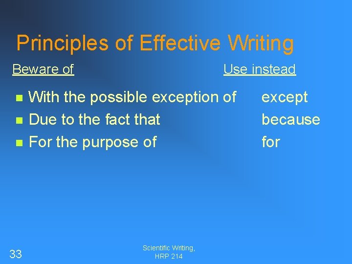 Principles of Effective Writing Beware of n n n 33 Use instead With the