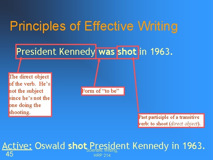 Principles of Effective Writing President Kennedy was shot in 1963. The direct object of