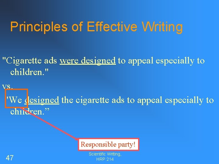 Principles of Effective Writing "Cigarette ads were designed to appeal especially to children. "