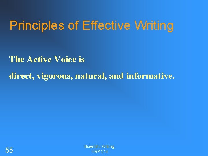 Principles of Effective Writing The Active Voice is direct, vigorous, natural, and informative. 55